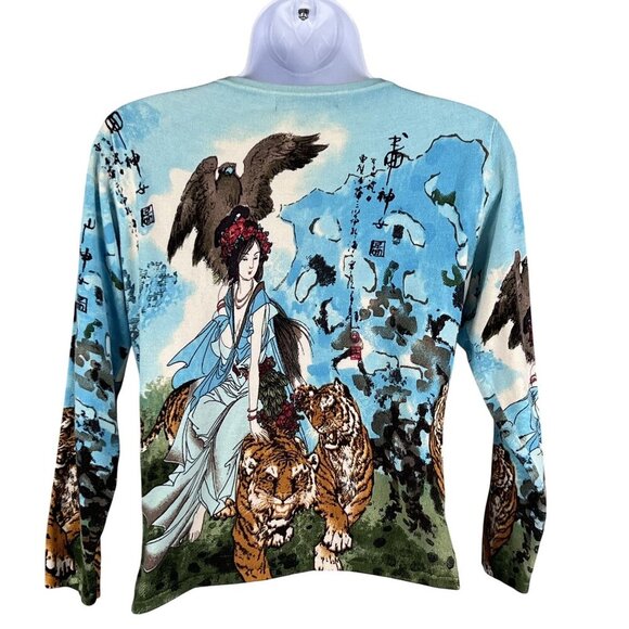 Mark Richards Collection Womens L Silk Blend Asian Tiger Allover Print Top Artsy - Picture 2 of 13